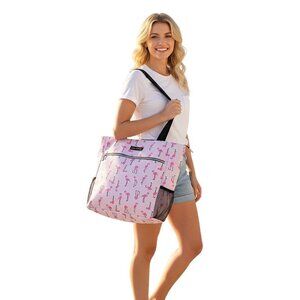 Betsey Johnson Pink Flamingo Zip Top Designer Logo Side Mesh Pockets Tote Bag